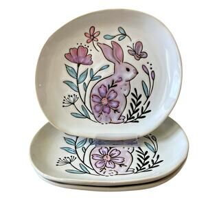 Eli + Ana Handmade Ceramics Floral Bunny Rabbit Salad Plates 8in Set of 3 NEW